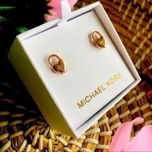 Michael Kors Rose Gold Heart Lock Stud Earrings Padlock Design NWT